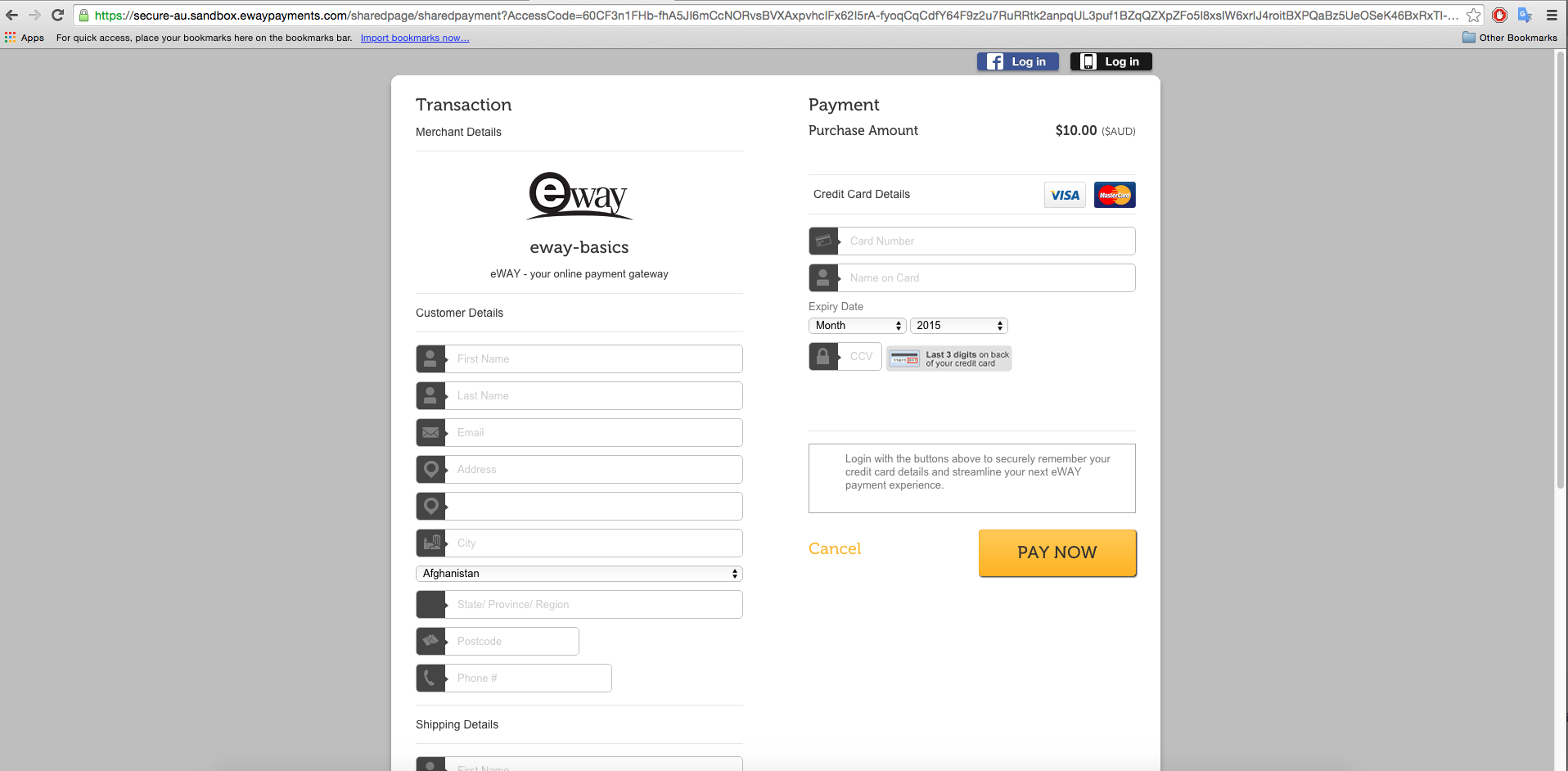 eWay: Payment page for the transaction