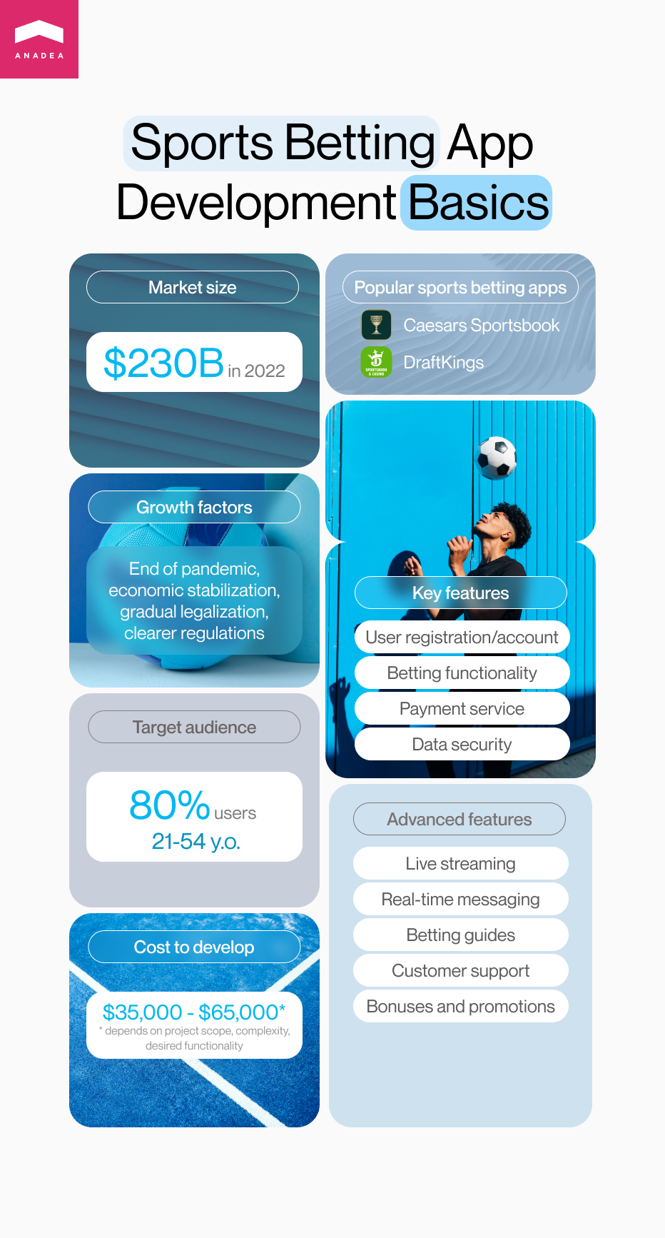 Sports betting mobile app infographic - Market size, features, cost