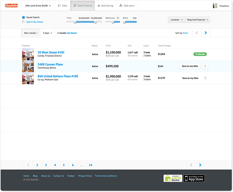 Buyfolio: search listing