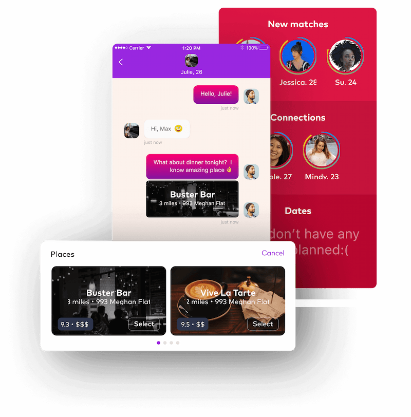 Matches, places, chat